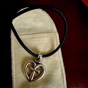 16 inch black leather James Avery necklace w/cross w/heart pendant.